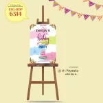 Resplendent birthday signage in pastel colors with corner botanical motifs, pink hearts and birthday cake