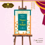 Dainty wedding signage of white, sea green and orange colours with beautiful floral motifs and vintage design